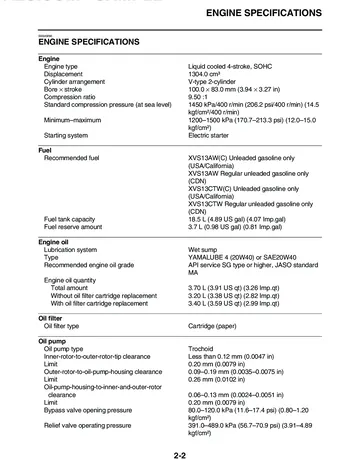 Yamaha V-Star 1300 / XVS1300 Tourer Service Manual (2007) Sample Preview: Factory engine specifications for the 1304 cm³ liquid-cooled SOHC V-twin, including bore and stroke, compression ratio and market variants