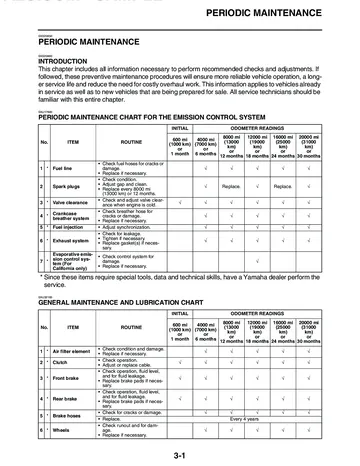 Yamaha V-Star 1300 / XVS1300 Tourer Service Manual (2007) Sample Preview: Yamaha periodic maintenance and lubrication charts with the factory service intervals