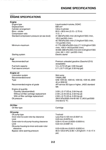 Yamaha MT-07A ABS Service Manual (2014) Sample Preview: Factory engine specifications for the 689 cm³ liquid-cooled DOHC parallel twin, including bore and stroke, compression ratio and lubrication data