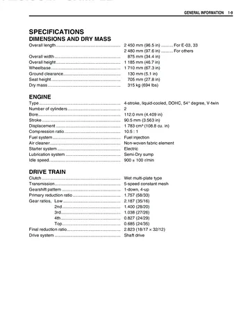 Suzuki Boulevard M109R / VZR1800 Service Manual (2006) Sample Preview: Factory VZR1800K6 specifications for the 1,783 cc 54-degree V-twin, five-speed transmission and shaft drive
