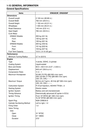 Kawasaki ER-6n Service Manual (2009–2011) Sample Preview: General Specifications: Engine and Model Data