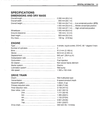 Suzuki DL650 V-Strom Service Manual (2004) Sample Preview: Factory DL650K4 specifications for the 645 cm³ liquid-cooled 90° V-twin, fuel injection, six-speed transmission and chain final drive