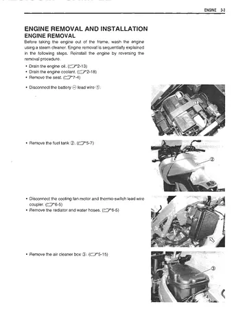 Suzuki DL650 V-Strom Service Manual (2004) Sample Preview: Factory engine removal procedure showing the beginning of the DL650 powertrain removal sequence