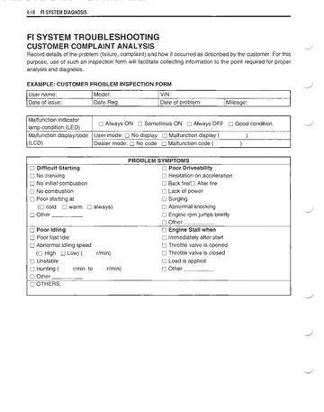 Suzuki DL650 V-Strom Service Manual (2004) Sample Preview: FI system troubleshooting and customer-complaint analysis section from the factory fuel-injection diagnostic chapter