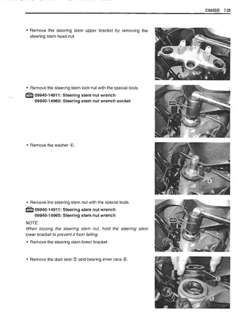 Suzuki DL650 V-Strom Service Manual (2004) Sample Preview: Factory chassis service procedure for steering-stem and bearing removal