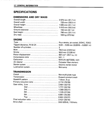 Suzuki GS500 / GS500E / GS500F Service Manual (1989-2006) Sample Preview: Factory base-model specifications for the 487 cm³ air-cooled DOHC twin, six-speed transmission, twin carburetors and chain final drive