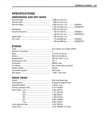 Suzuki GS500 / GS500E / GS500F Service Manual (1989-2006) Sample Preview: GS500K4/GS500FK4 2004 specifications documenting the naked and newly added faired GS500F variants