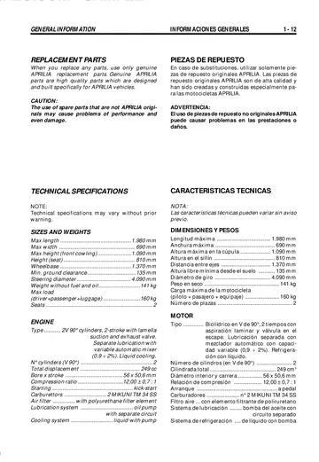 Aprilia RS 250 Service Manual (1994-1998) Sample Preview: Base factory technical specifications for the 249 cc 90-degree two-stroke V-twin, dimensions, twin Mikuni TM34 SS carburettors and chassis