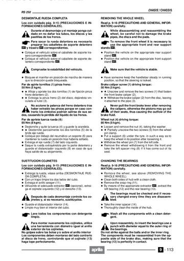 Aprilia RS 250 Service Manual (1994-1998) Sample Preview: Model 1998 front-wheel and bearing service procedures from the revised chassis section