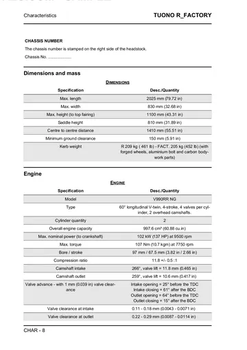 Aprilia Tuono R Factory Service Manual (2007) Sample Preview: Factory MY07 dimensions and V990RR NG engine specifications including 997.6 cm³ displacement, 137 hp output and 97 × 67.5 mm bore/stroke
