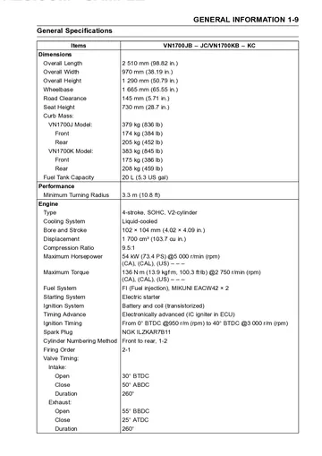Kawasaki Vulcan VN1700 Vaquero / Voyager Custom Service Manual (2011–2026) Sample Preview: General Specifications: Engine and Model Data