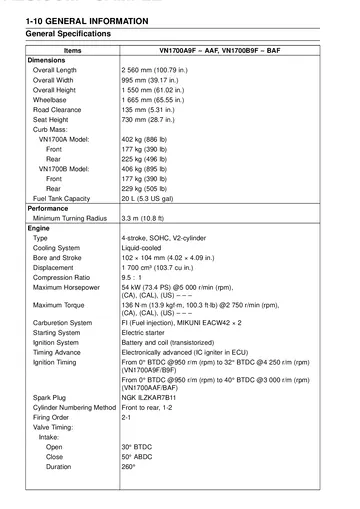 Kawasaki Vulcan VN1700 Voyager Service Manual (2009–2025) Sample Preview: General Specifications: Engine and Drivetrain