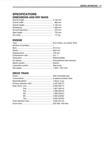 Suzuki RV125 VanVan Service Manual (2003-2006) Sample Preview: Factory RV125K3 specifications including dimensions, engine, drivetrain, chassis, electrical data and capacities