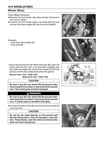 Kawasaki Vulcan 1600 Nomad / VN1600 Classic Tourer Service Manual (2005) Sample Preview: Front wheel removal procedure with brake-caliper, axle and lifting instructions