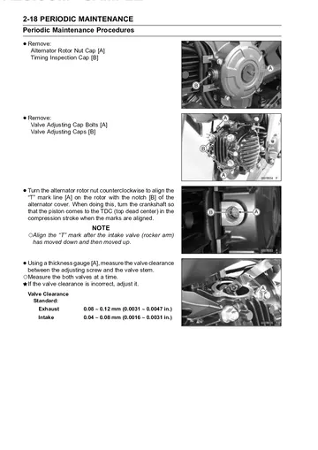 Kawasaki Z125 / Z125 PRO Service Manual (2016–2017) Sample Preview: Valve-clearance measurement procedure with intake and exhaust specifications