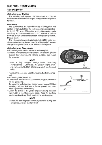 Kawasaki Z125 / Z125 PRO Service Manual (2016–2017) Sample Preview: DFI self-diagnosis procedure explaining user and dealer diagnostic modes