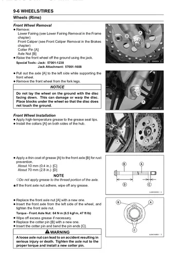 Kawasaki Z125 / Z125 PRO Service Manual (2016–2017) Sample Preview: Front wheel removal and installation procedure with axle torque specification