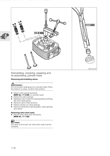 BMW R1100RT / R1100RS / R1100GS / R1100R / R850GS / R850R Service Manual (1993-2000) Sample Preview: Factory cylinder-head overhaul procedure showing valve removal, valve-spring tooling and valve-stem-seal service