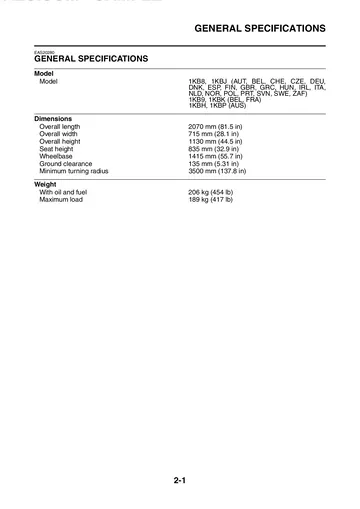 Yamaha YZF-R1B Service Manual (2012) Sample Preview: Factory general specifications and regional model codes