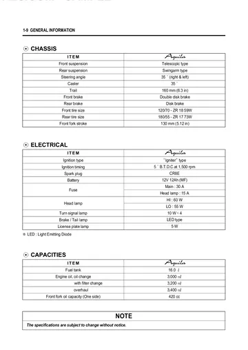 Hyosung GV650 Aquila Carbureted Service Manual (2005) Sample Preview: Factory specifications showing the 647 cc liquid-cooled DOHC V-twin, twin BDSR39 carburetors, five-speed gearbox and belt drive