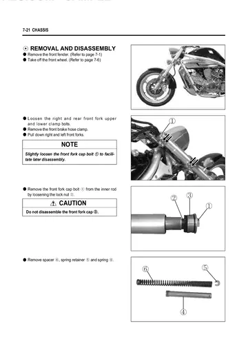 Hyosung GV650 Aquila Carbureted Service Manual (2005) Sample Preview: Factory chassis section covering front-fork removal and service