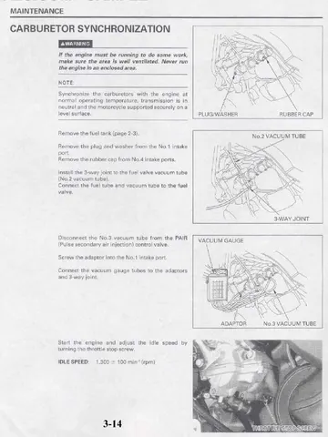 Honda CB600F Hornet Service Manual (1998) Sample Preview: Scheduled-maintenance section showing carburetor synchronization procedure and vacuum-gauge setup