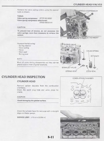 Honda CB600F Hornet Service Manual (1998) Sample Preview: Cylinder-head and valve service procedure with valve-spring removal and inspection guidance