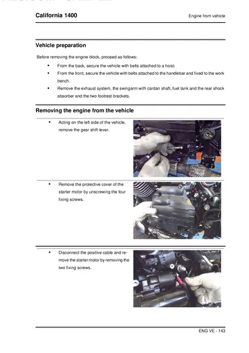 Moto Guzzi California 1400 Service Manual (2012) Sample Preview: Factory engine-removal procedure with illustrated starter, electrical and chassis disconnections