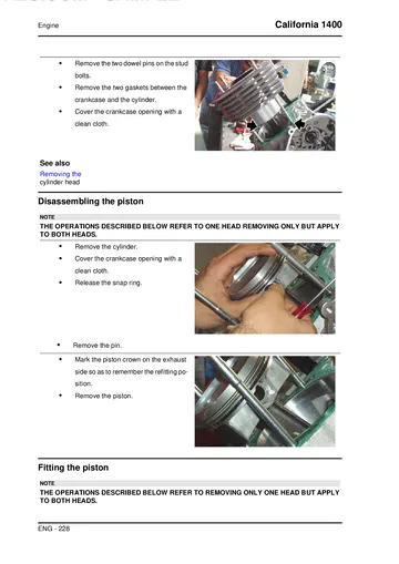 Moto Guzzi California 1400 Service Manual (2012) Sample Preview: Engine overhaul procedure showing cylinder and piston disassembly