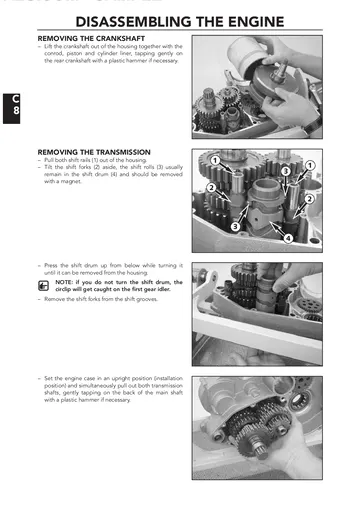 Husaberg FC / FE / FS Service Manual (2004) Sample Preview: Factory engine-disassembly procedures showing crankshaft and transmission removal