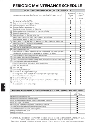 Husaberg FC / FE / FS Service Manual (2004) Sample Preview: 2004 periodic maintenance schedule for FE 450/501/550/650 and FS 450/650 models