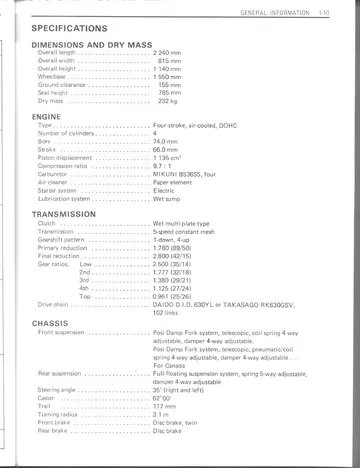 Suzuki GS1150 / GSX1100 E / ES / EF Service Manual (1984-1986) Sample Preview: Factory base specifications showing the 1,135 cm³ air-cooled DOHC four-cylinder engine, 74 × 66 mm bore and stroke, 9.7:1 compression, Mikuni BS36SS carburetors and five-speed transmission
