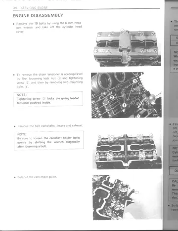 Suzuki GS1150 / GSX1100 E / ES / EF Service Manual (1984-1986) Sample Preview: Engine-disassembly section with factory photographs and step-by-step top-end removal procedures