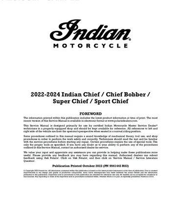 Indian Chief / Chief Bobber / Super Chief / Sport Chief Service Manual (2022-2024) Sample Preview