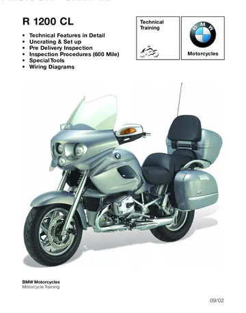 BMW R1200CL Technical Training Manual (2002) Sample Preview: BMW Motorcycle Technical Training cover for the R1200CL, dated 09/02, listing technical features, setup, PDI, inspection procedures, special tools and wiring diagrams