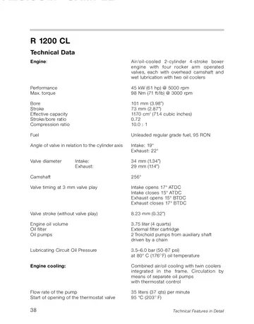 BMW R1200CL Technical Training Manual (2002) Sample Preview: Factory technical data for the 1,170 cm³ Boxer engine, including 101 × 73 mm bore/stroke, 10.0:1 compression, 45 kW output, 98 N·m torque and lubrication specifications