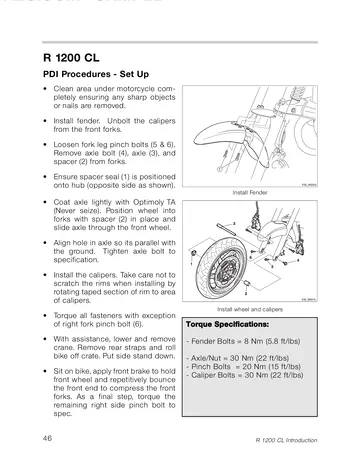 BMW R1200CL Technical Training Manual (2002) Sample Preview: BMW uncrating and setup procedure showing front-fender, wheel and brake-caliper installation with factory tightening torques