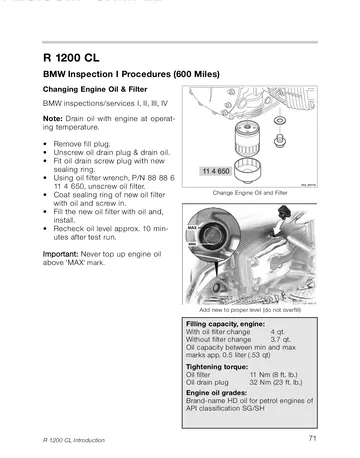 BMW R1200CL Technical Training Manual (2002) Sample Preview: BMW 600-mile inspection procedure for engine-oil and filter replacement, including oil capacities and tightening torques