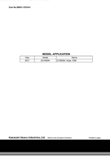 Kawasaki Ninja 1000 / Z1000SX Assembly Manual (2017) Sample Preview: Factory model-application page confirming 2017 ZX1000W Z1000SX / Ninja 1000 coverage and part number 99931-1576-01.