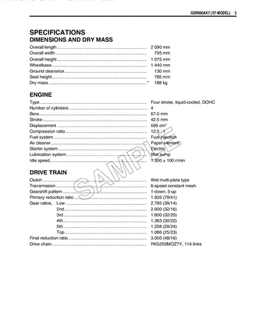 Suzuki GSR600A ABS Supplementary Service Manual (2007) Sample Preview: GSR600AK7 factory specifications for the 599 cc engine, six-speed drivetrain and ABS model