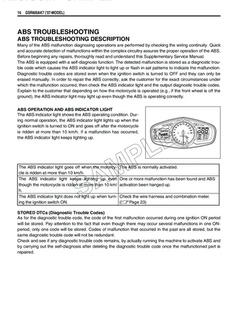 Suzuki GSR600A ABS Supplementary Service Manual (2007) Sample Preview: ABS troubleshooting overview, self-diagnosis and indicator-light operation