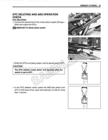 Suzuki GSR600A ABS Supplementary Service Manual (2007) Sample Preview: ABS diagnostic trouble-code deletion and operation-check procedure