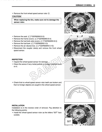 Suzuki GSR600A ABS Supplementary Service Manual (2007) Sample Preview: Front wheel-speed sensor removal, inspection and installation procedure