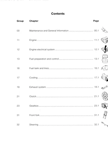 BMW K1200RS Service Manual (1996-2000) Sample Preview: Official chapter index showing maintenance, engine and drivetrain sections