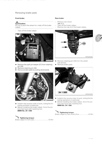 BMW K1200RS Service Manual (1996-2000) Sample Preview: Front and rear brake-pad replacement procedures