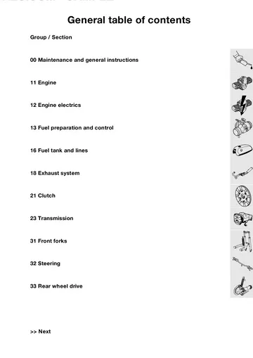 BMW R1150GS Service Manual (1999-2000) Sample Preview: Manufacturer's table of contents listing the factory workshop groups