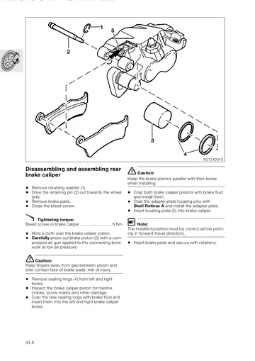 BMW R1150GS Service Manual (1999-2000) Sample Preview: Rear brake caliper disassembly and reassembly procedures