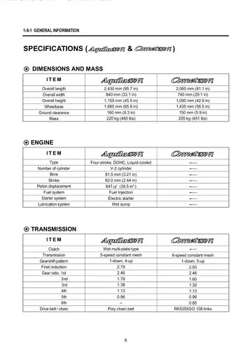 Hyosung GV650 Aquila / GT650 Comet FI Service Manual Supplement (2008) Sample Preview: 2008 Aquila 650 FI and Comet 650 FI engine and transmission specifications