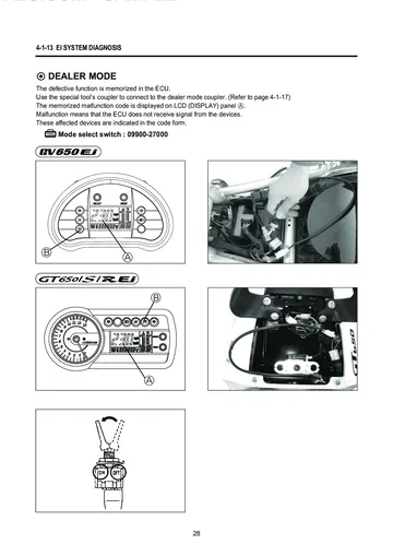 Hyosung GV650 Aquila / GT650 Comet FI Service Manual Supplement (2009) Sample Preview: Electronic-injection ECU dealer-mode fault codes and component identification