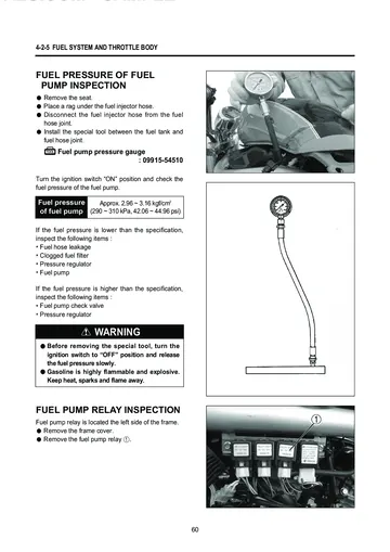 Hyosung GV650 Aquila / GT650 Comet FI Service Manual Supplement (2009) Sample Preview: Factory fuel-pressure and fuel-pump-relay inspection procedures